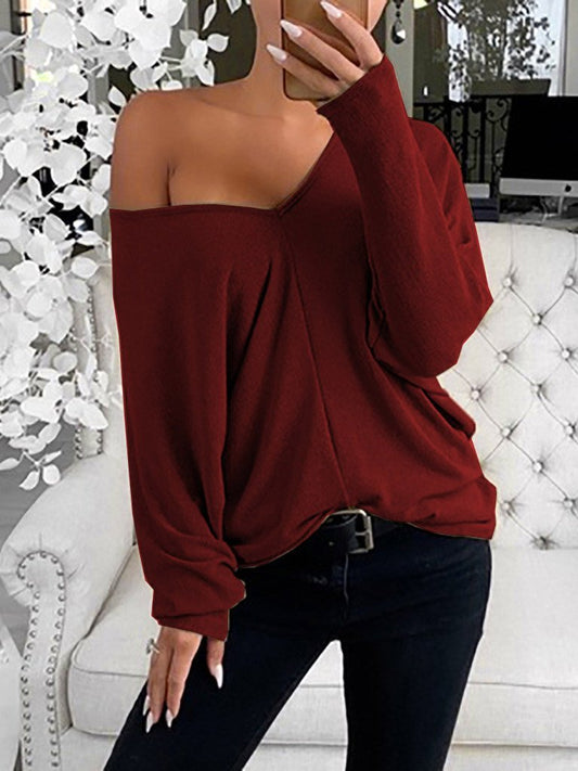 Women's T-Shirts Simple V-Neck Off-Shoulder Long Sleeve T-Shirt