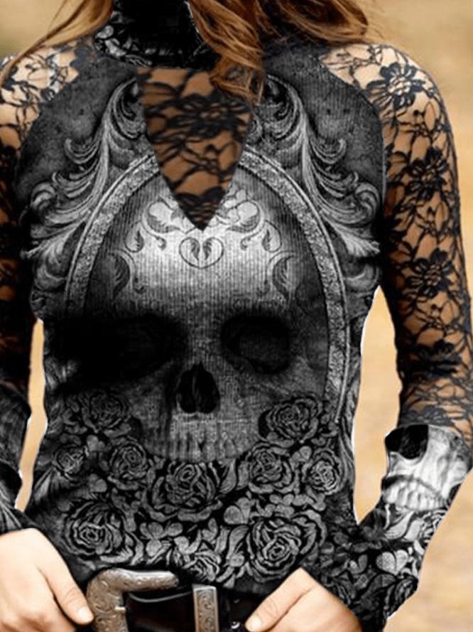 Lace Skull Print Long Sleeve T-Shirt