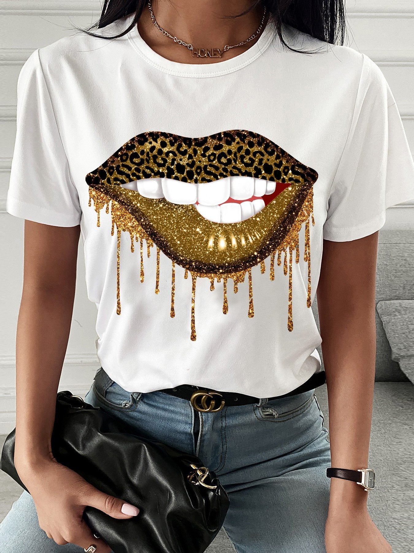 Leopard Lip Print Crew Neck T-shirt