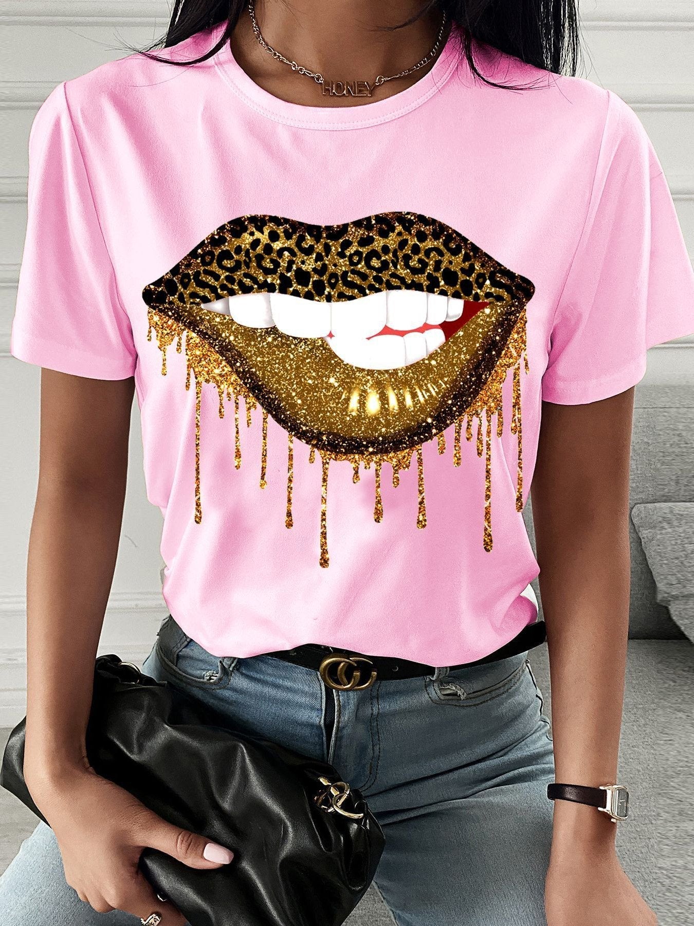 Leopard Lip Print Crew Neck T-shirt