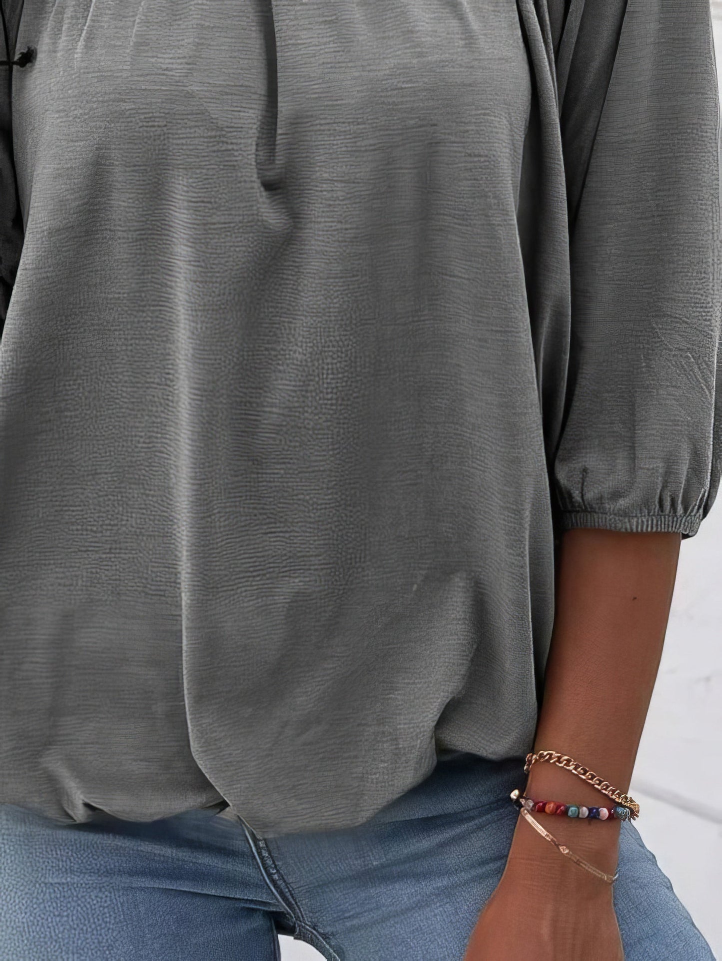 Loose 3/4 Sleeve Pleated Crew Neck T-Shirt