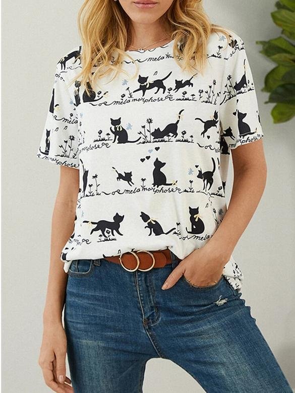 Loose Cat Print Short-sleeved T-shirt