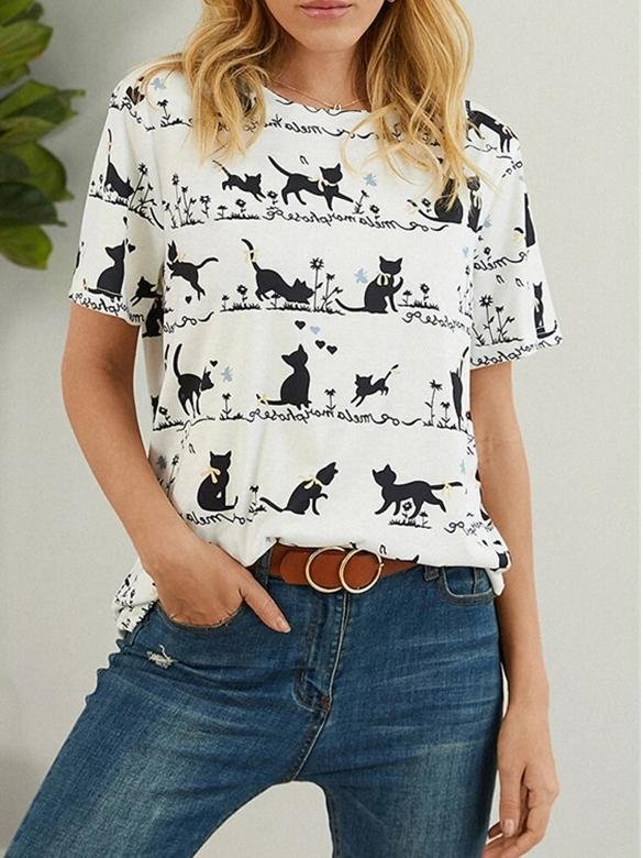 Loose Cat Print Short-sleeved T-shirt