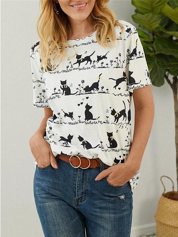 Loose Cat Print Short-sleeved T-shirt