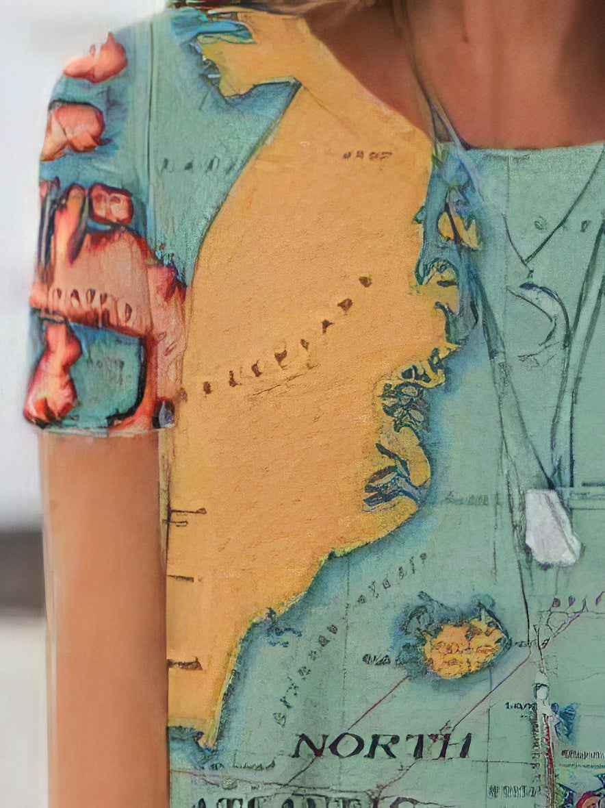 Loose Map Print Short-sleeved T-shirt