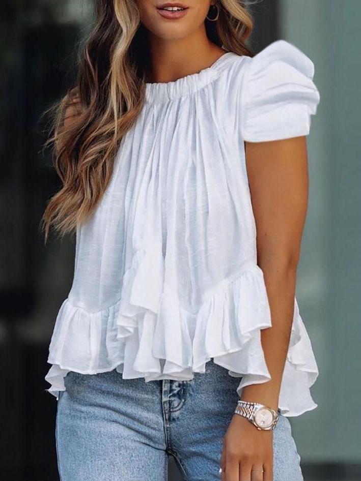 Loose Short Sleeve Round Neck Ruffles Blouses