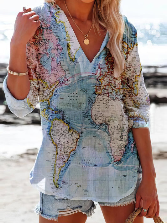 Vintage Map Print V-Neck Long Sleeve Blouse with Casual Flair