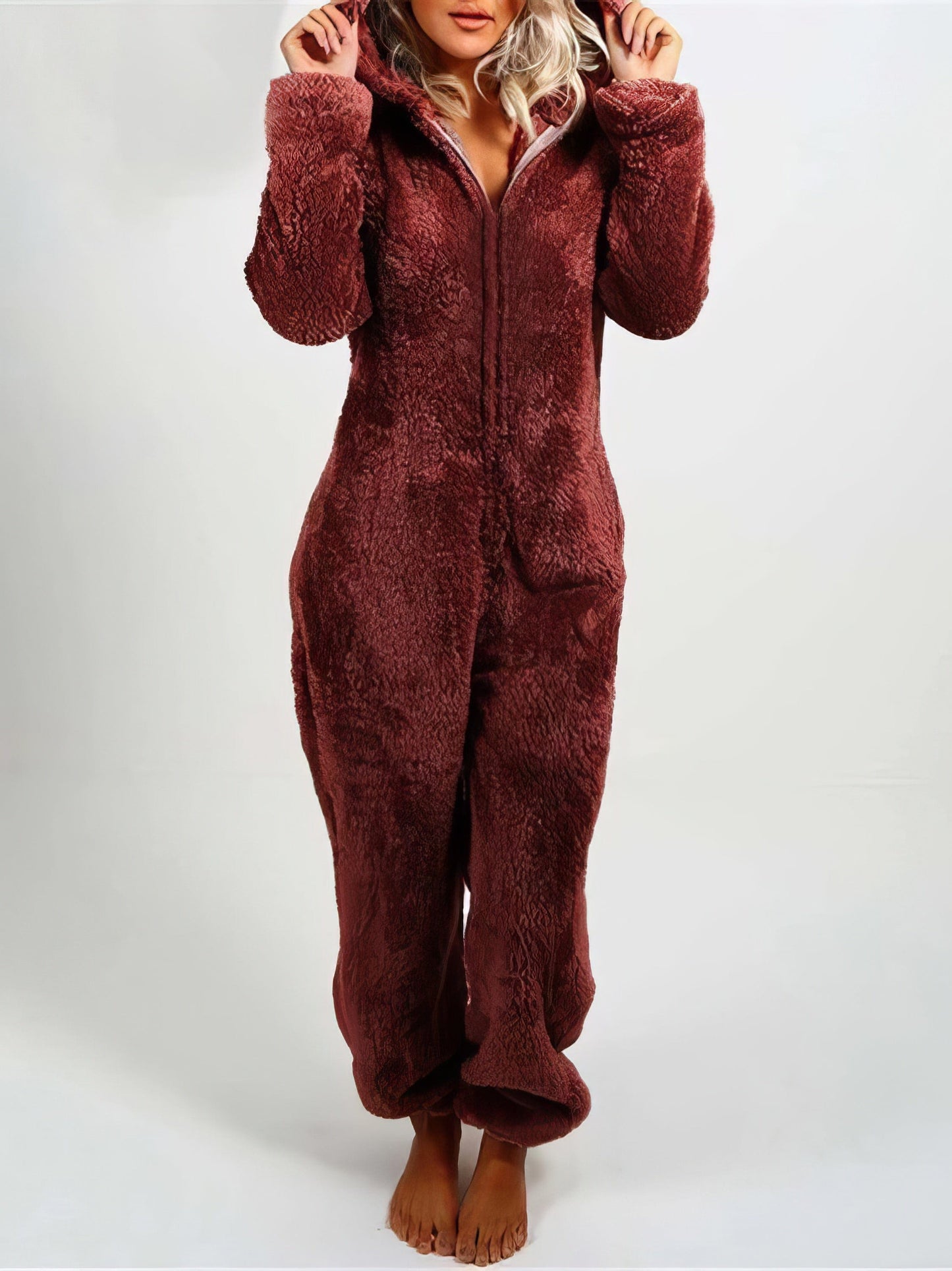 Furry Zipper Jumpsuit Hooded Pajamas