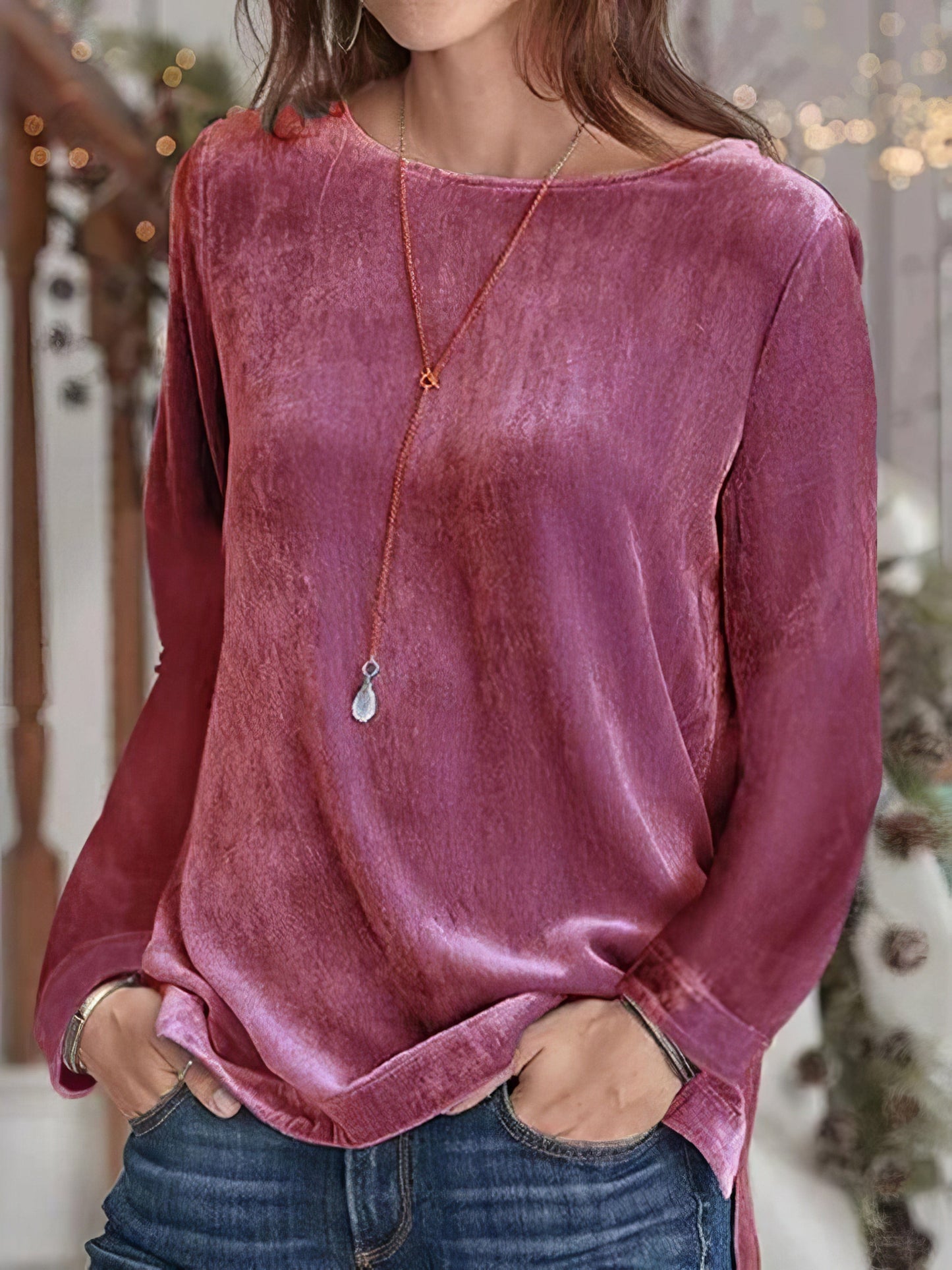 Luxurious Gold Velvet Round Neck Long Sleeve T-Shirt