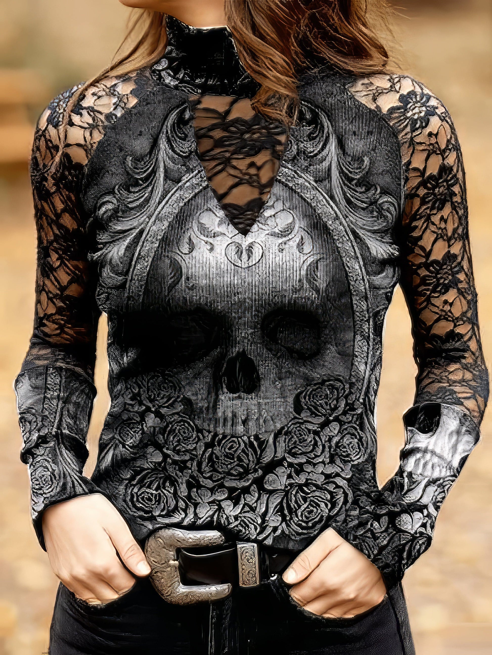 Lace Skull Print Long Sleeve T-Shirt