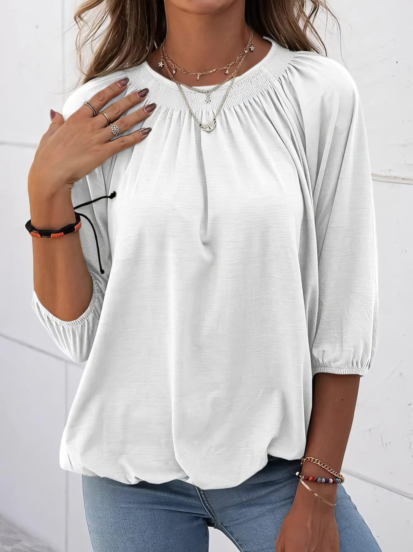 Loose 3/4 Sleeve Pleated Crew Neck T-Shirt