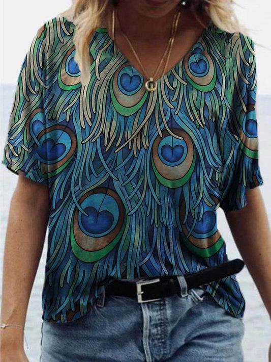 Peacock Feather Print Short-sleeved T-shirt