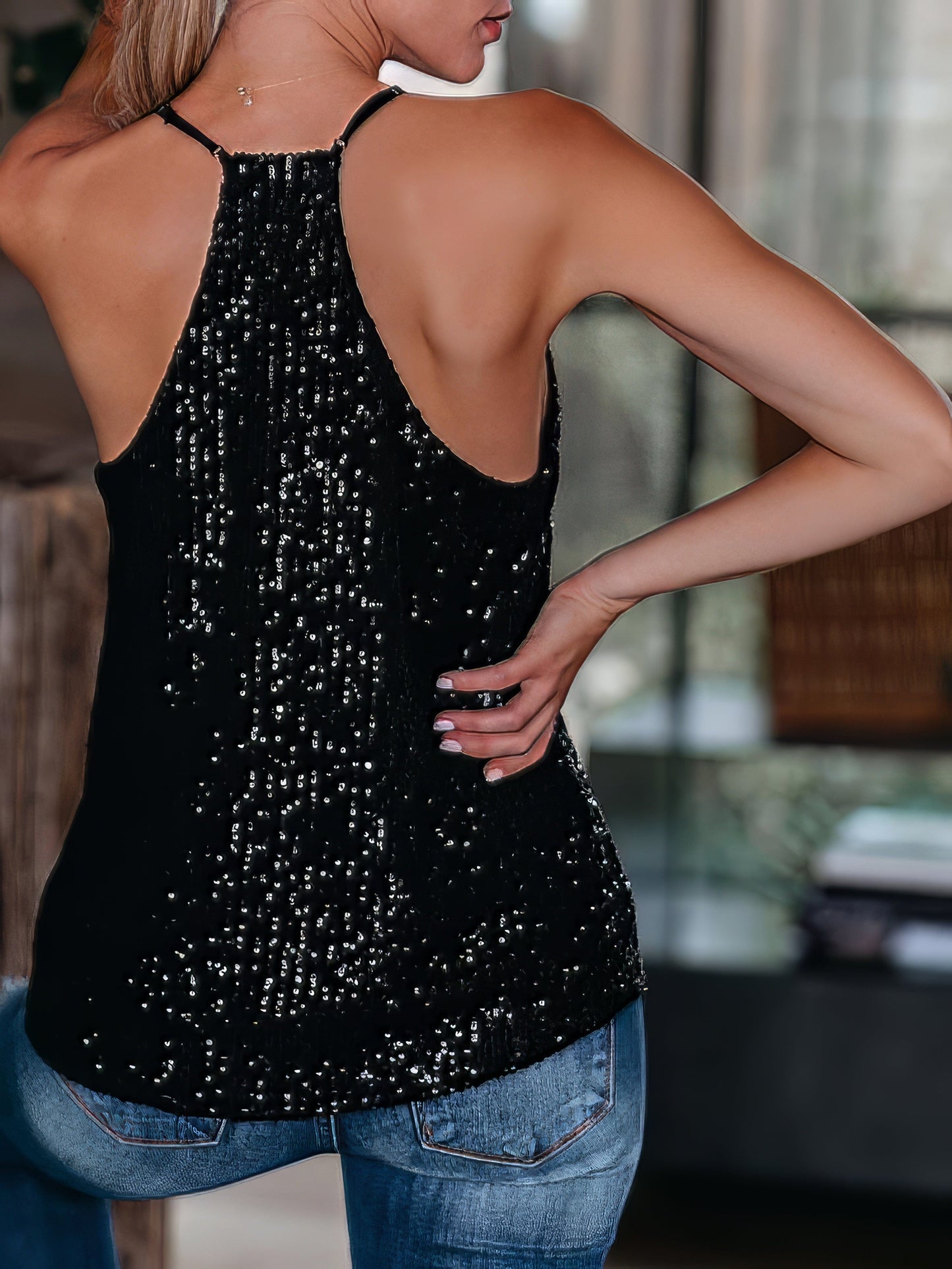 Sequin Spaghetti Straps Sleeveless Tank Tops