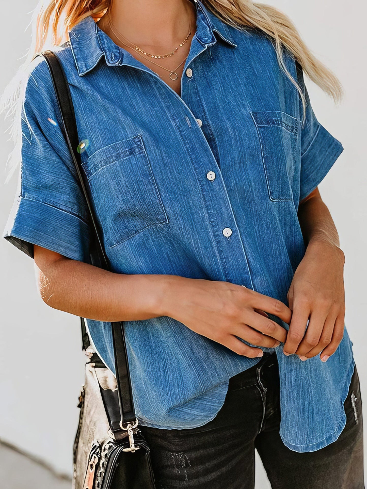 Short Sleeve Pocket Straight Denim Blouses - French - Drop Shoulder - Halter - V-Neck - Closed