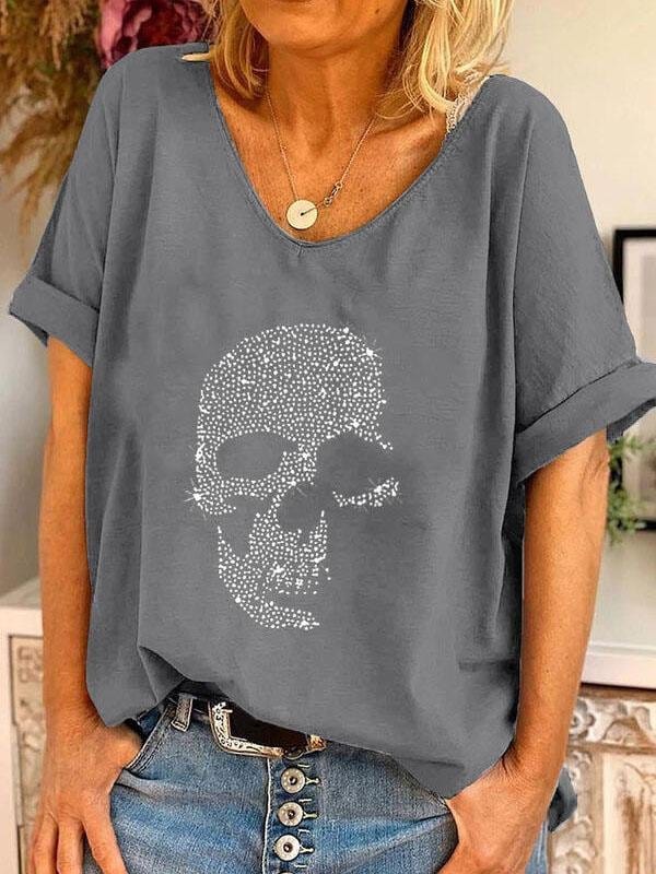 V-neck Skull Print Loose Short Sleeve T-shirt