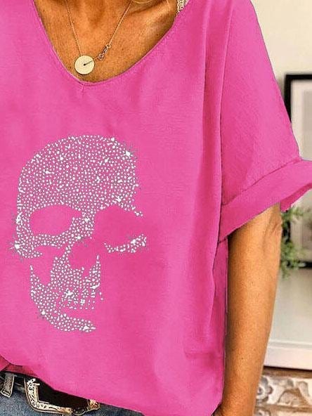 V-neck Skull Print Loose Short Sleeve T-shirt