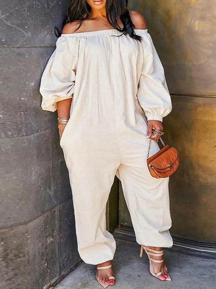 Off Shoulder Solid Lantern Sleeve Jumpsuit