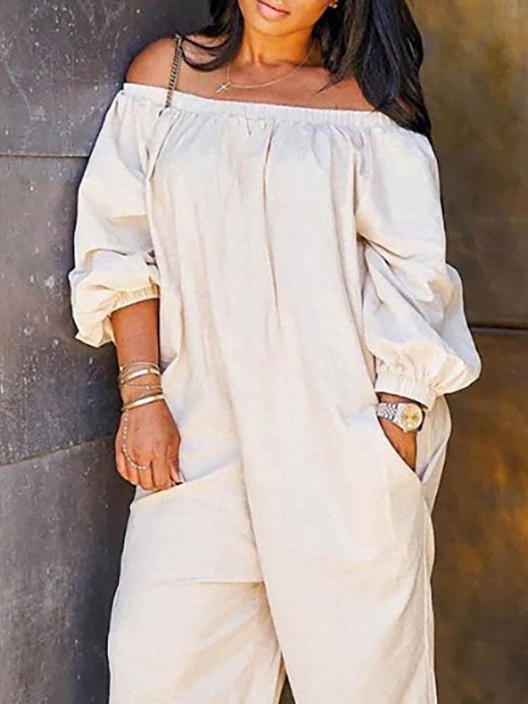 Off Shoulder Solid Lantern Sleeve Jumpsuit