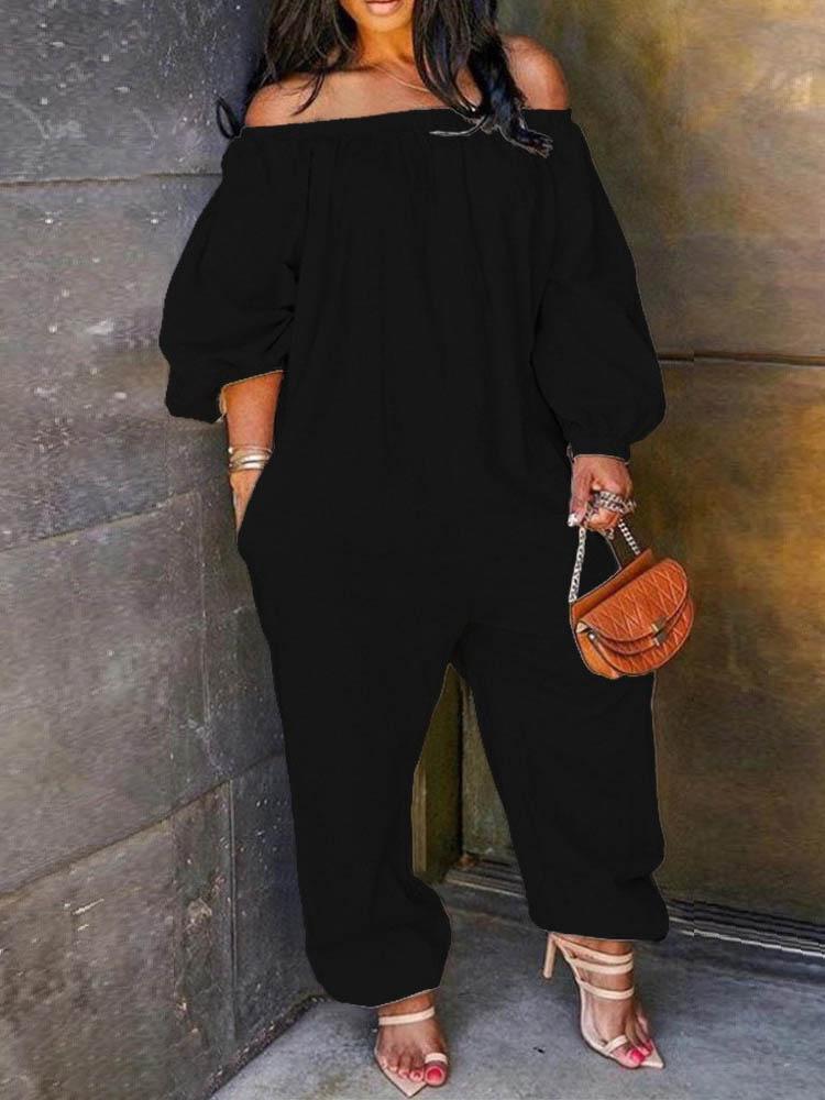 Off Shoulder Solid Lantern Sleeve Jumpsuit