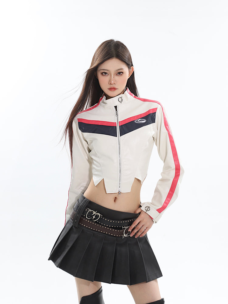 Mandy Solid Color Brown Long Sleeve Zip Up Cropped Jacket + High Waist Pleated Mini Skirt Matching Set