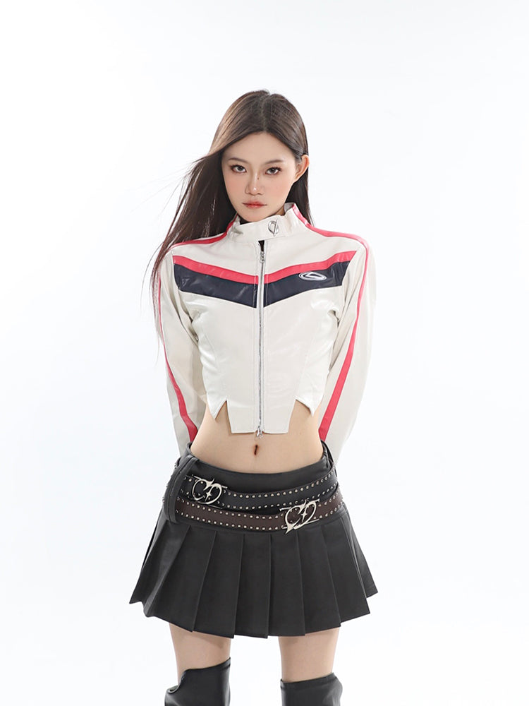 Mandy Solid Color Brown Long Sleeve Zip Up Cropped Jacket + High Waist Pleated Mini Skirt Matching Set