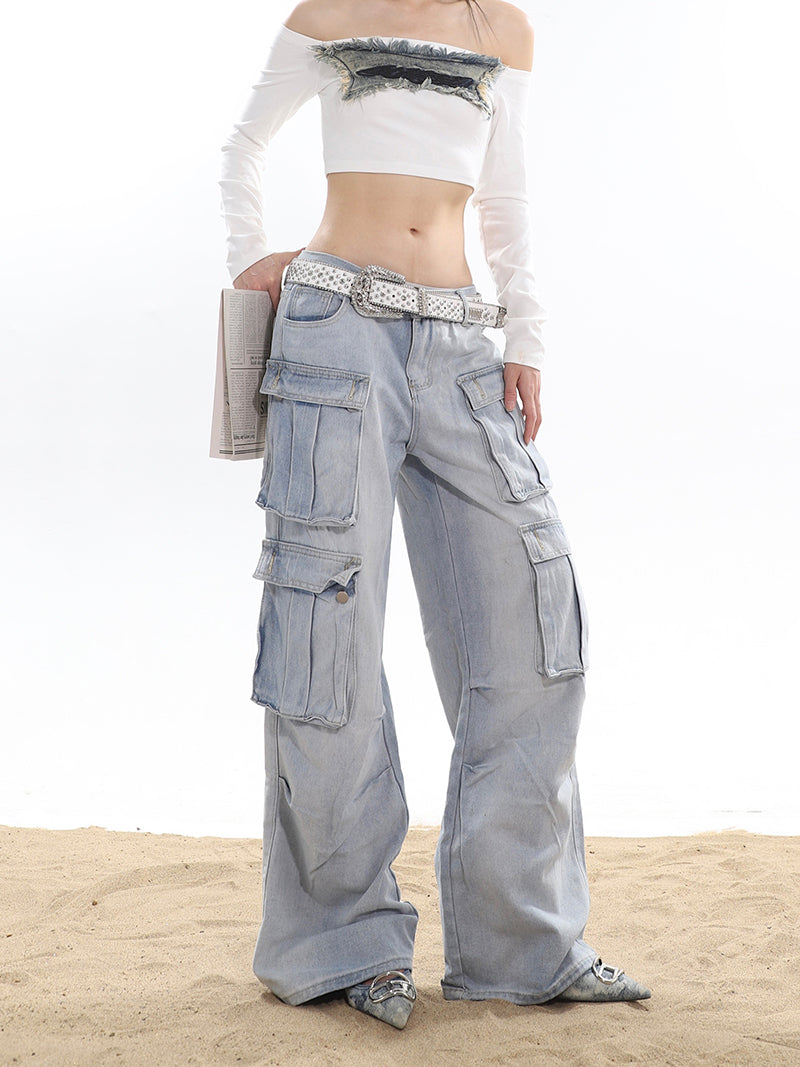 Olivia Light Denim Blue Washed White Multi Pocket Low Waist Cargo Jeans Pants