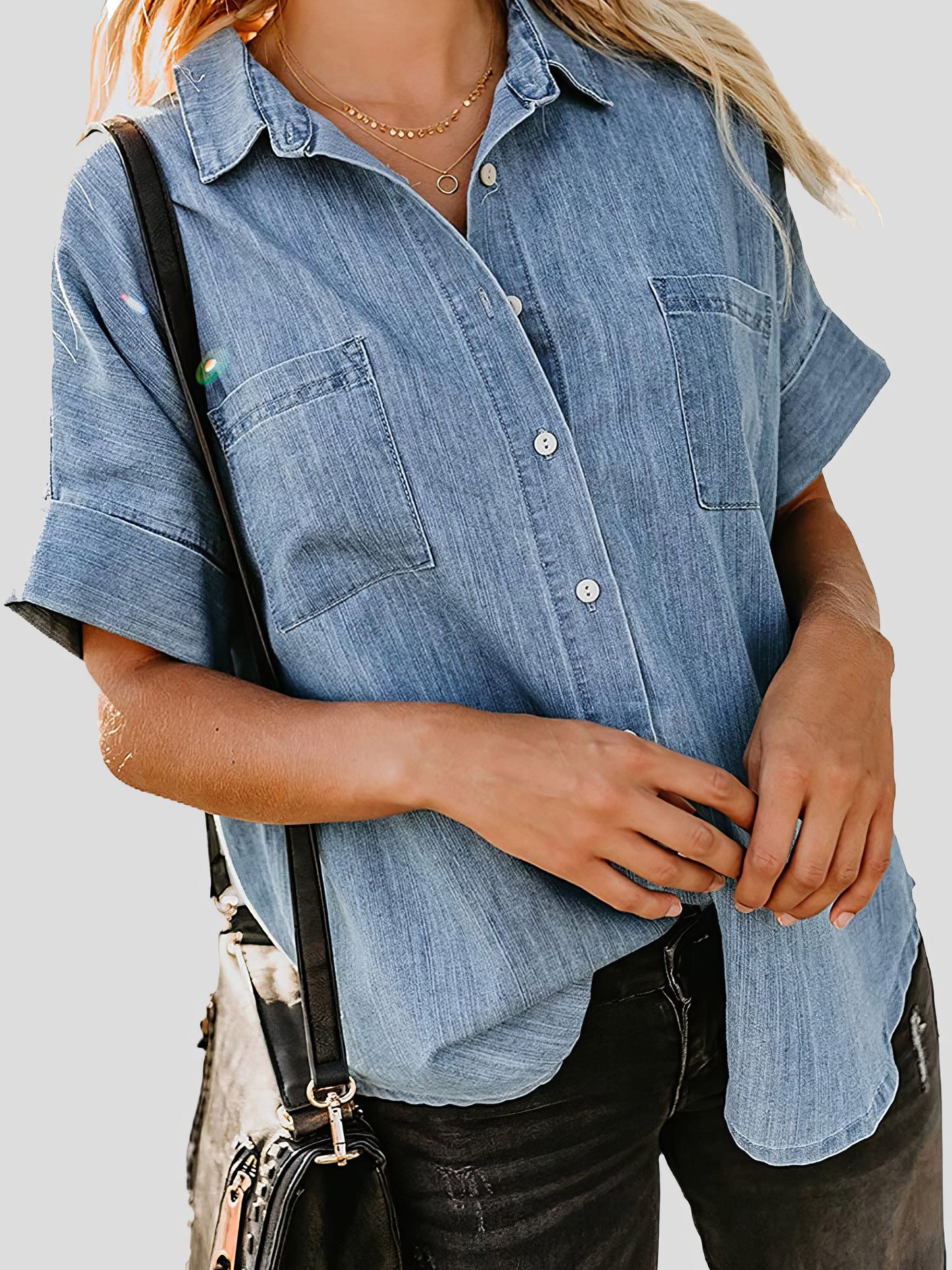 Short Sleeve Pocket Straight Denim Blouses - French - Drop Shoulder - Halter - V-Neck - Closed