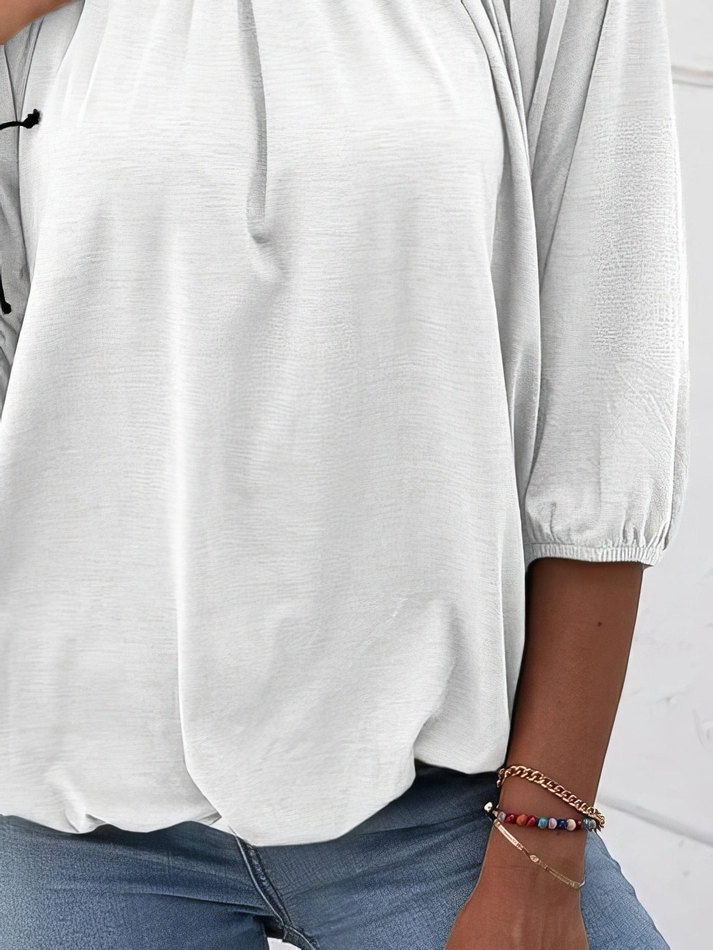 Loose 3/4 Sleeve Pleated Crew Neck T-Shirt