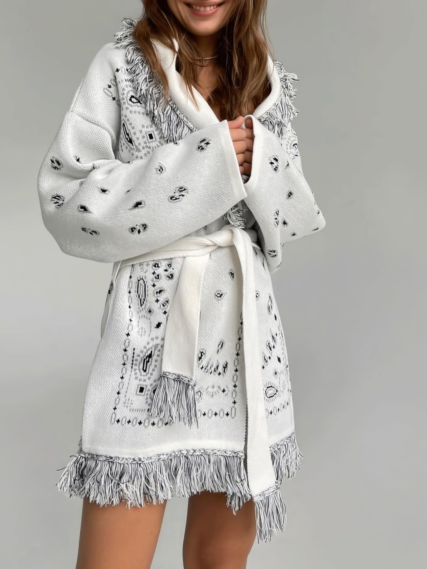 Women's Coats Fashion Printed Fringed Belt Sweater Cardigan Coat