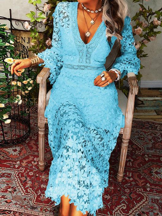 Elegant Lace V-Neck Dress with Long Sleeves