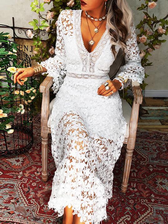 Elegant Lace V-Neck Dress with Long Sleeves