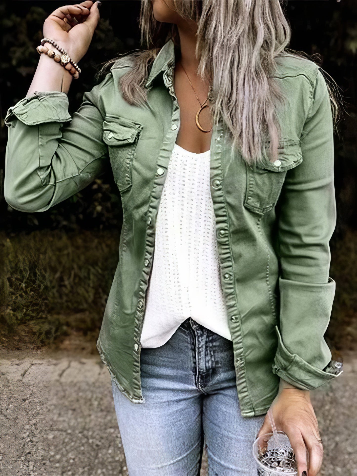 Pocket Button Long Sleeve Denim Shirt Jacket