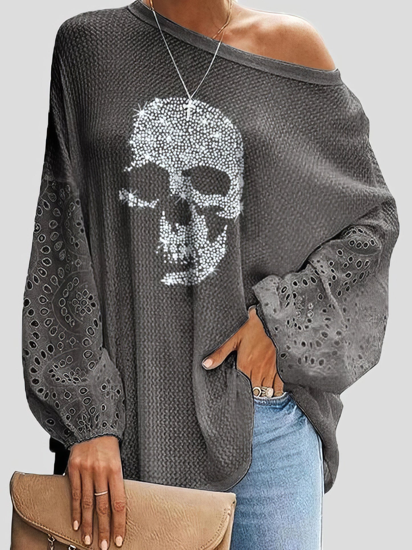 Women's T-Shirts Skull Loose Stitching Long Sleeve T-Shirt