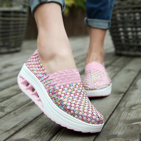 Summer Woven Platform Sneakers Sport Woman Sports Shoes Lady Running Shoes for Women Shoes Fitness Slimming Swing Pink  E-251