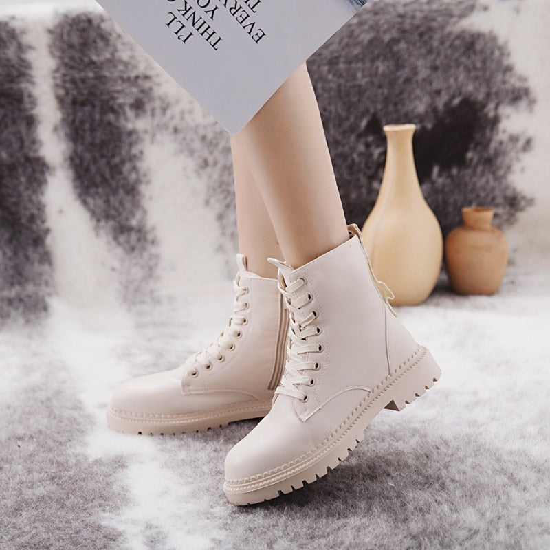 COOTELILI Fashion Zipper Flat Shoes Woman High Heel Platform PU Leather Boots Lace up Women Shoes Ankle Boots Girls 35-40