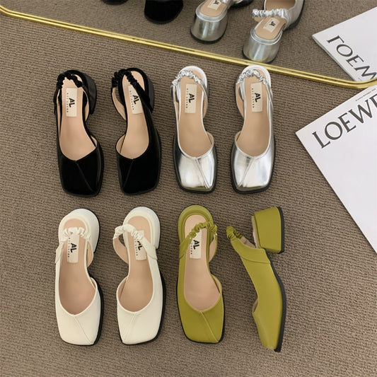 High heels women's French square head thick heel spring and autumn single shoes 2022new Mary Jane shoes sandals Baotou half drag