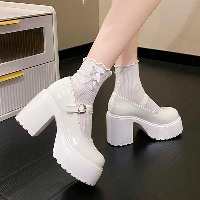 Fashion White Platform Pumps for Women Super High Heels Buckle Strap Mary Jane Shoes Woman Goth Thick Heeled Party Shoes Ladies