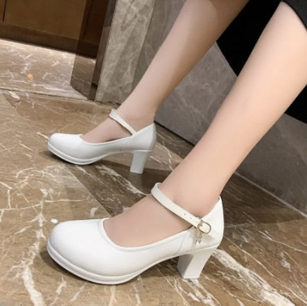 2022 New Women Dress Shoes Medium Heels Mary Janes Shoes Patent Leather Pumps Ankle Strap Ladies Shoe Office Zapatos Mujer