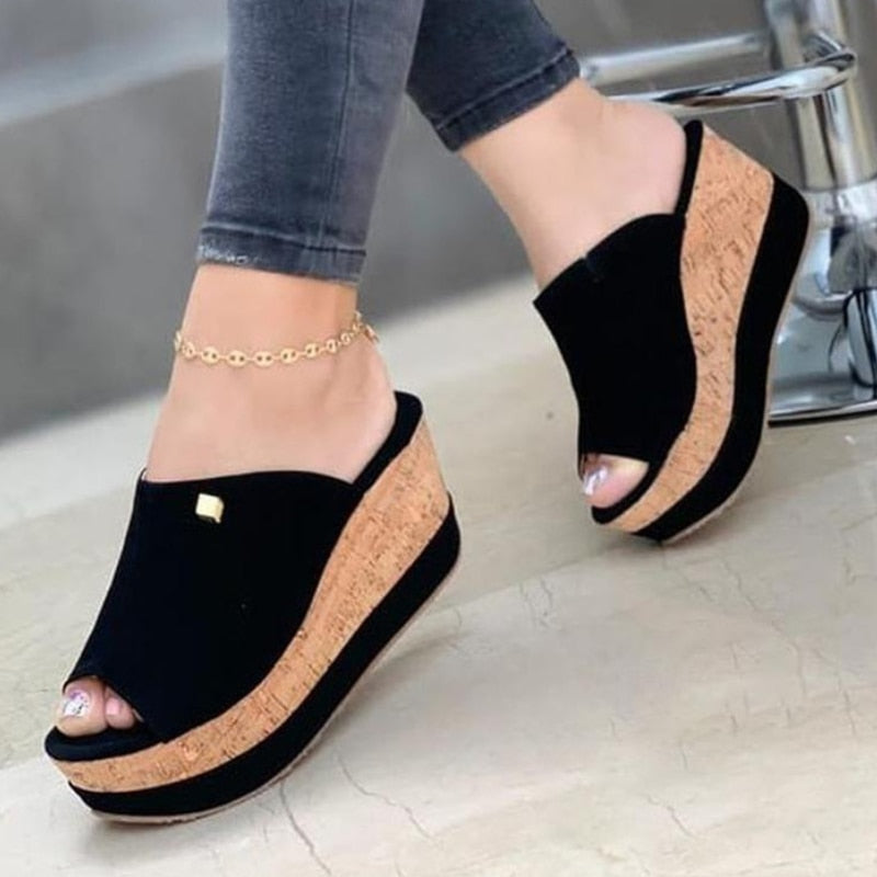 Slippers Summer 1 Wedges  Retro Fish Mouth Large Size Sandals Women High Heel Platform Solid Color Plus Size Shoes Sandalias