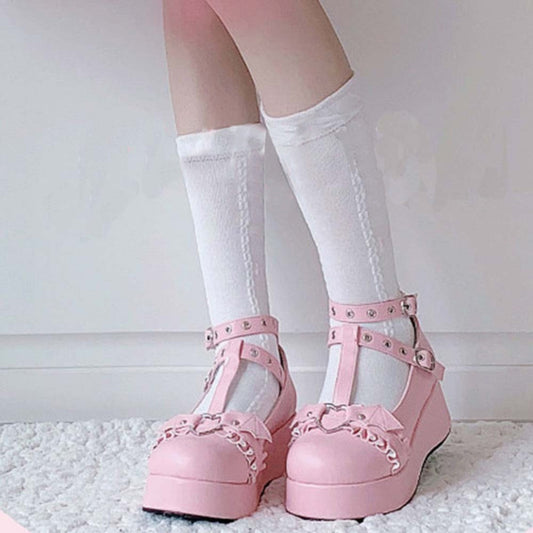 new Sweet Heart Buckle Wedges Mary Janes Women Pink T-Strap Chunky Platform Lolita Shoes Woman Punk Gothic Cosplay Shoes 43