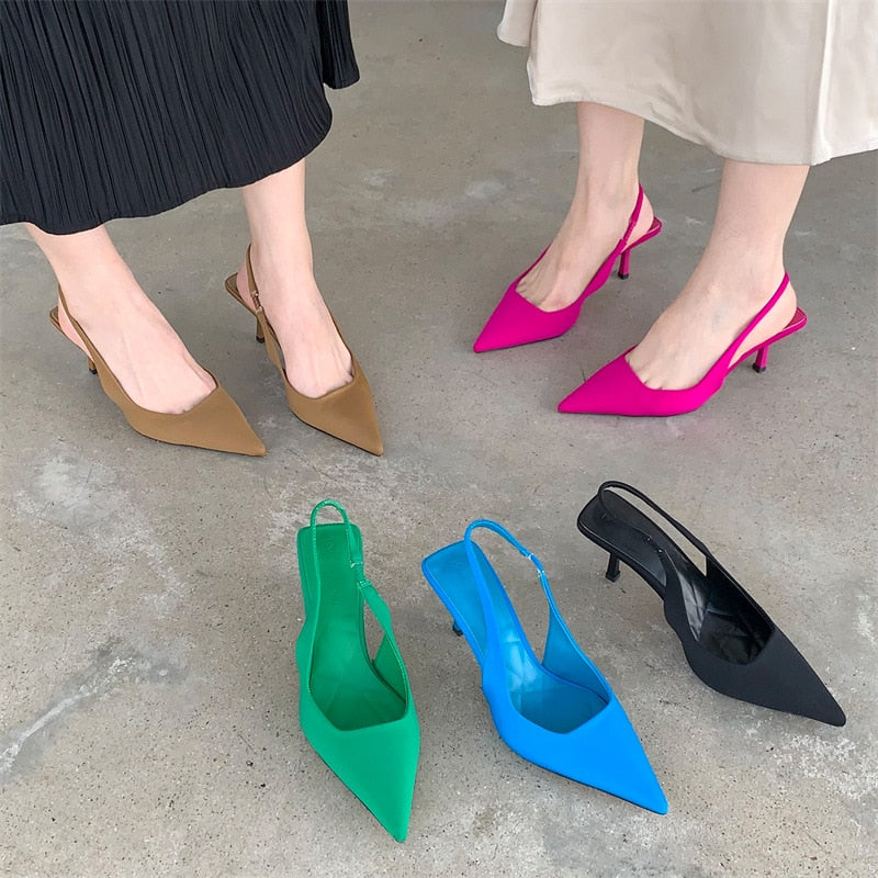 Women Summer Shoes 2022 New Fashion Pointed Toe Stiletto Medium Heel High Heels Women Back Empty Toe Sandals Green Women's Shoes